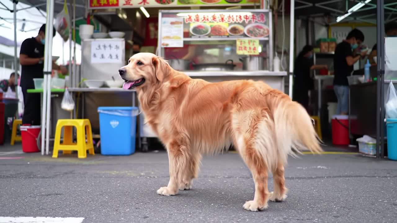 A Golden Retriever Standing Proudly in Front of a Busy Food Stall, Capturing the Spirit of Outdoor Markets with Its Playful Presence and Charming Personality
