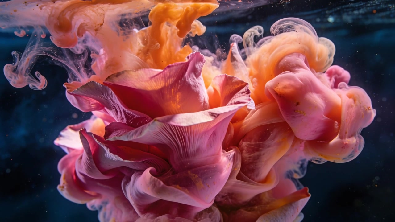 Fluido arancione che cade, pigmento rosa che si apre in una fioritura in un serbatoio trasparente, luci da studio che mostrano bolle.