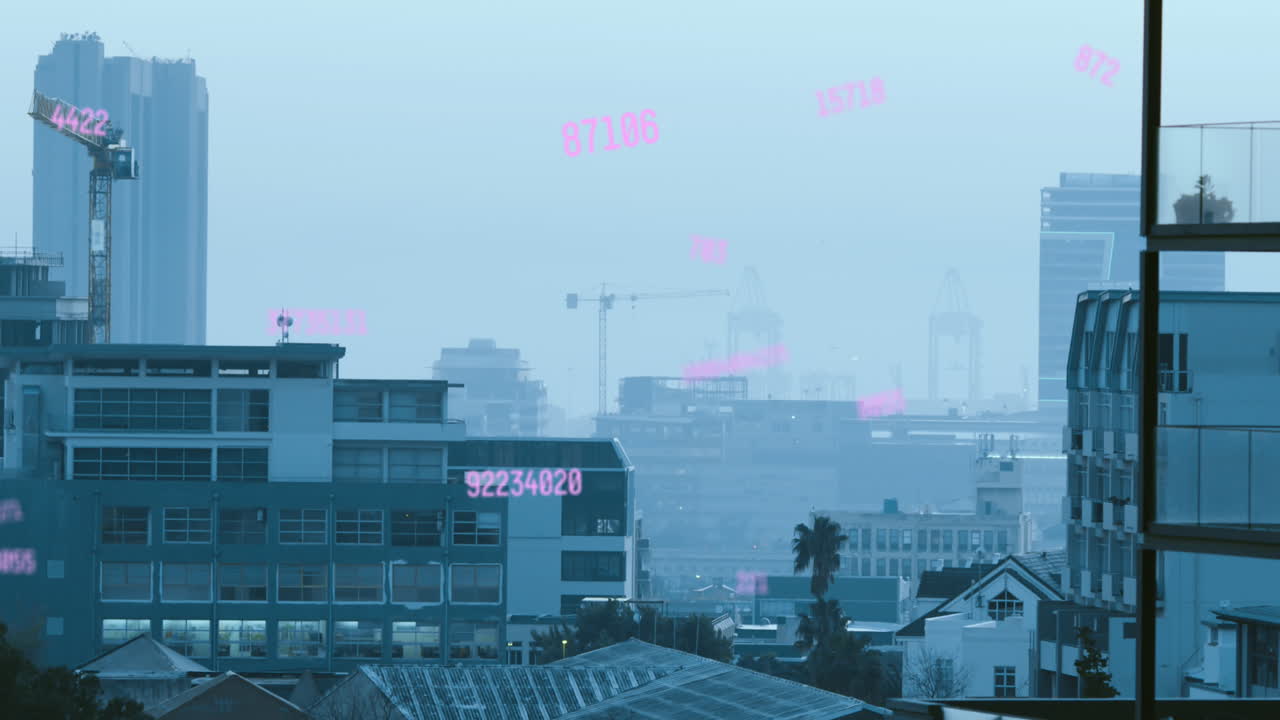 도시 풍경 위의 숫자 애니메이션과 데이터 처리