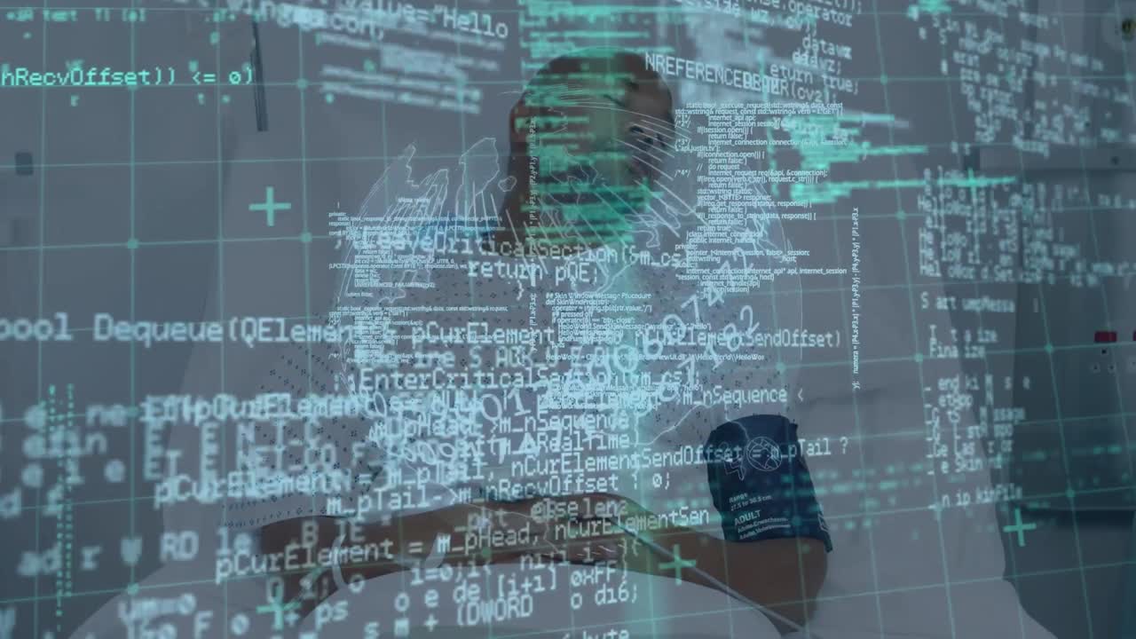 procesamiento de datos y giro del globo sobre afroamericano paciente masculino acostado en una cama de hospital