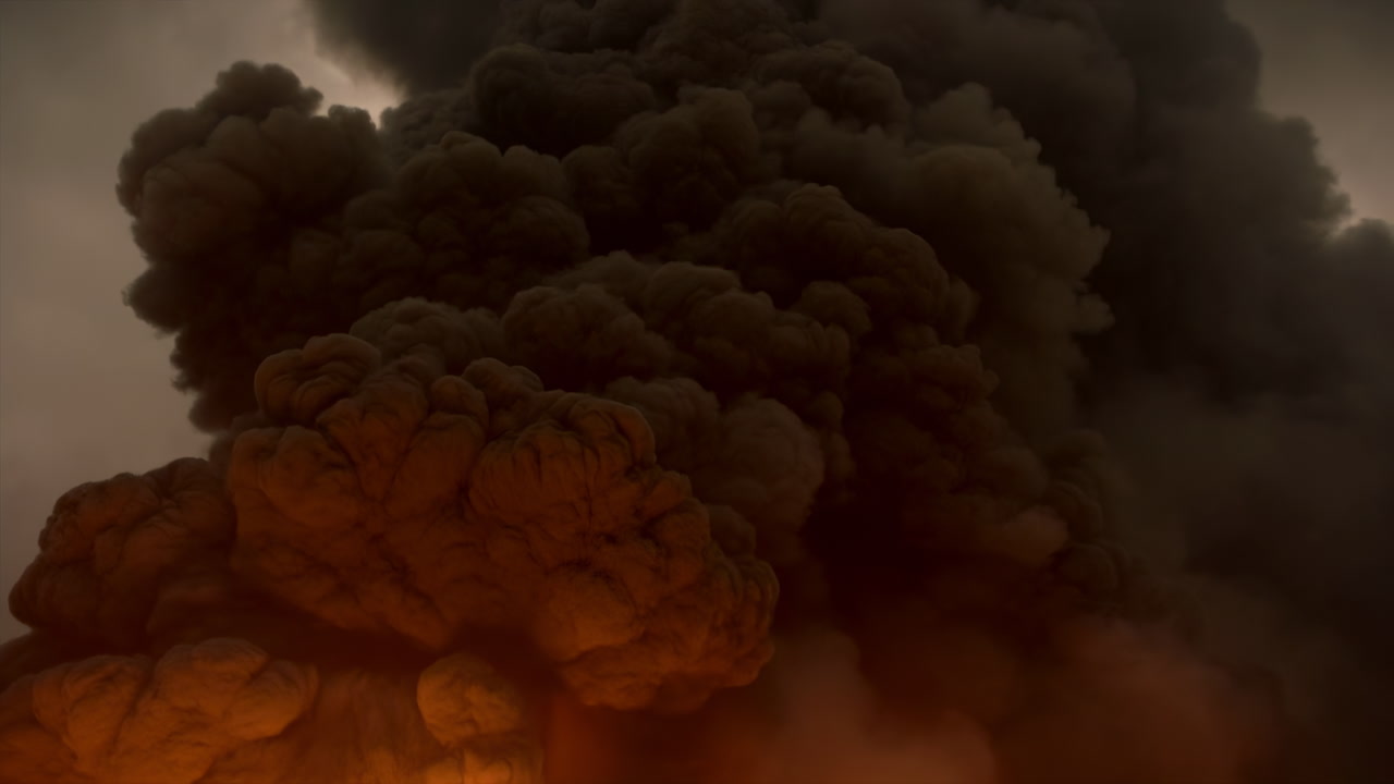 Billowing Smoke Cloud With Fiery Glow, Massive Cinematic Plume Rising Above Orangelit Inferno, Dense Soot