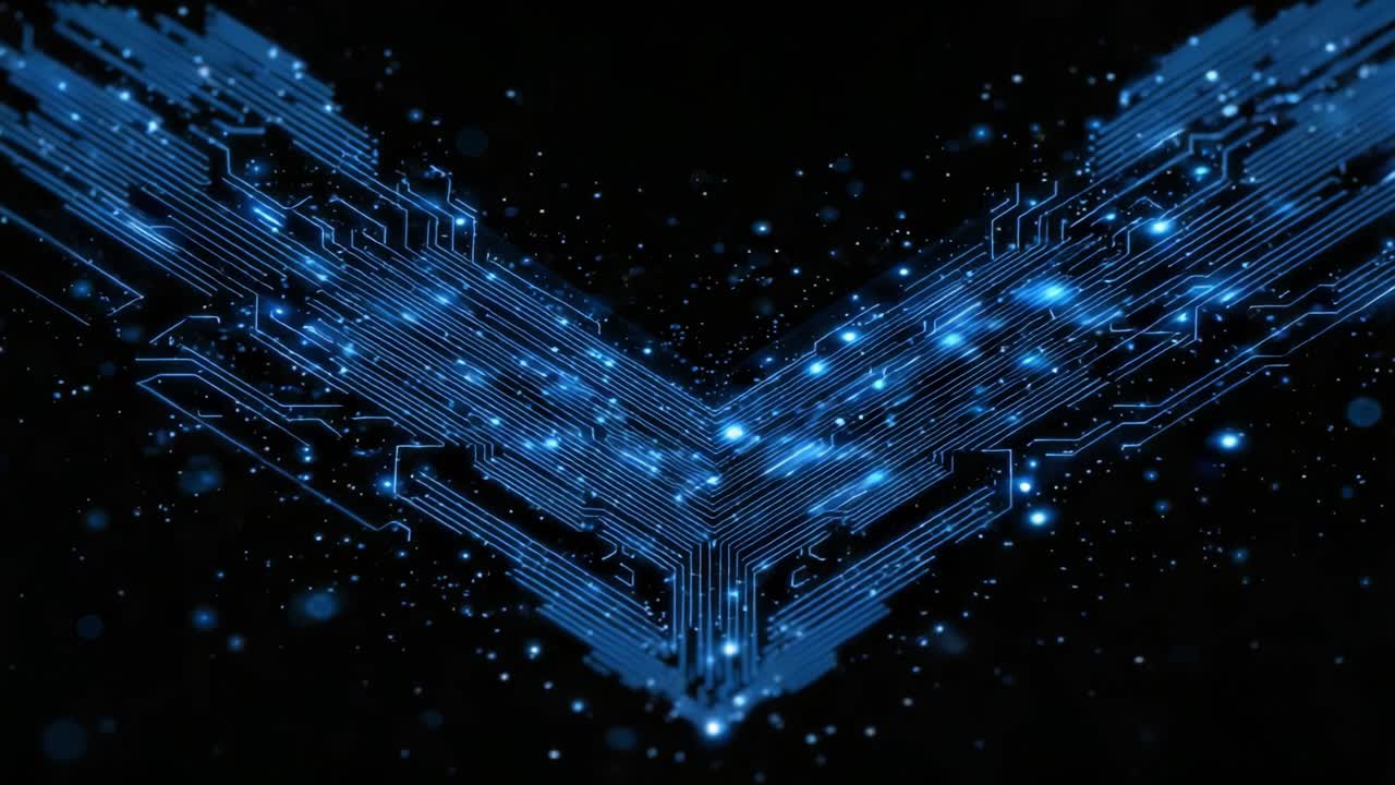 A mesmerizing digital transformation showcasing a stunning visual of luminous electric circuitry converging in a V shape, embodying the fusion of technology and art