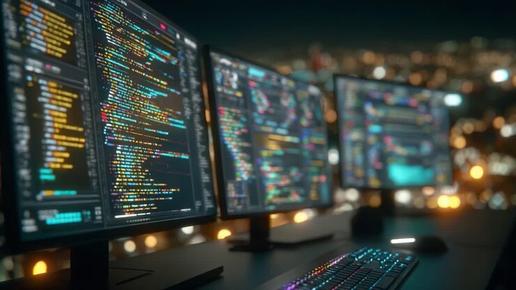 An Intricate View of Code: A Glimpse into the World of Programming and Development with Multiple Monitors Displaying Colorful Code Lines Against a Night Cityscape