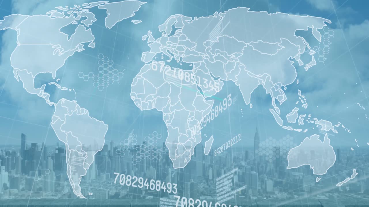 변화하는 숫자, 글자, 숫자 및 지도의 애니메이션 현대 도시 풍경의 항공 사진