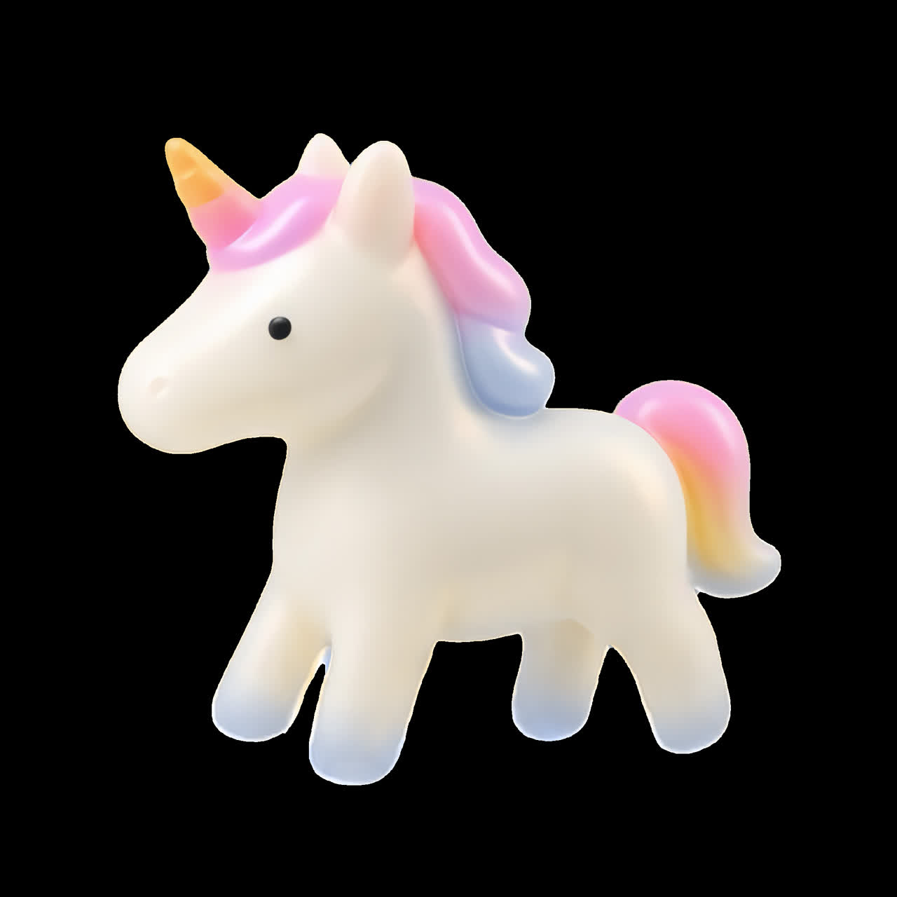 Cute pastel unicorn toy animation isolated asset, transparent 4K video, alpha channel, ProRes 4444