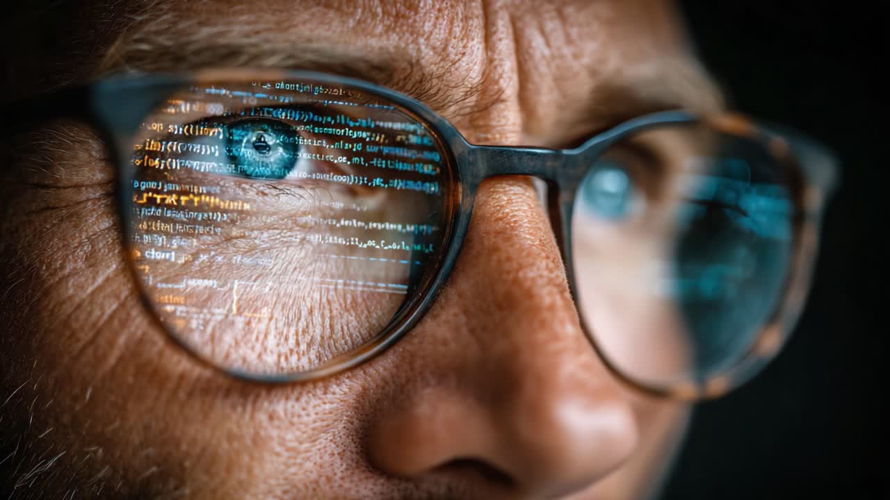 Focused on Code: A Close-Up of Intense Concentration as Reflected in Glasses, Capturing the Intricate Details of Programming in a Digital Age