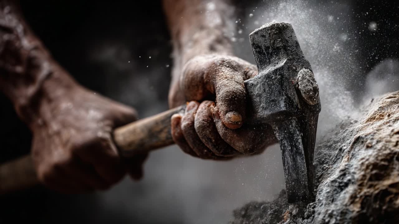 An Intense Moment of Craftsmanship: A Close-up of Hands Skillfully Using a Hammer Against Rock, Dust and Particles Filling the Air in a Dynamic Work Scene