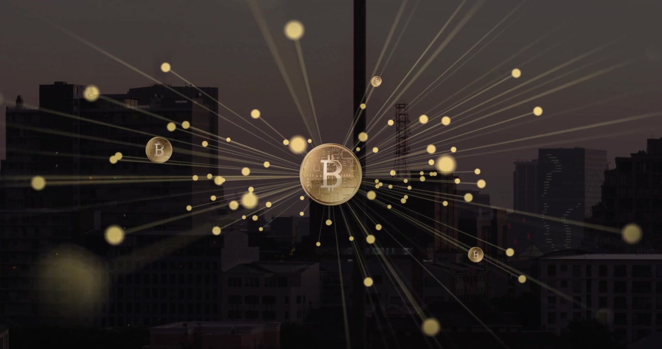 Particelle urbane al crepuscolo che fluttuano, poi una moneta Bitcoin emerge, irradiando linee che connettono i nodi della rete