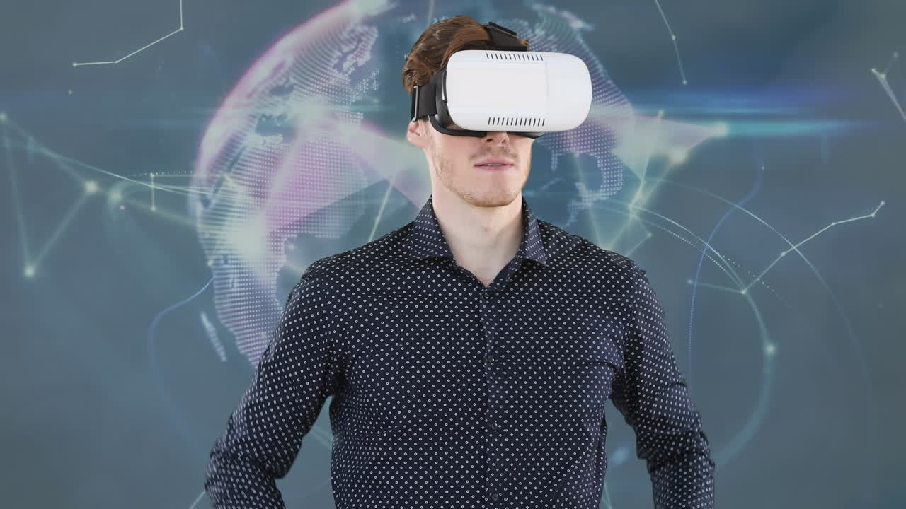 animazione di un uomo caucasico che indossa una cuffia vr su reti di connessioni e globo