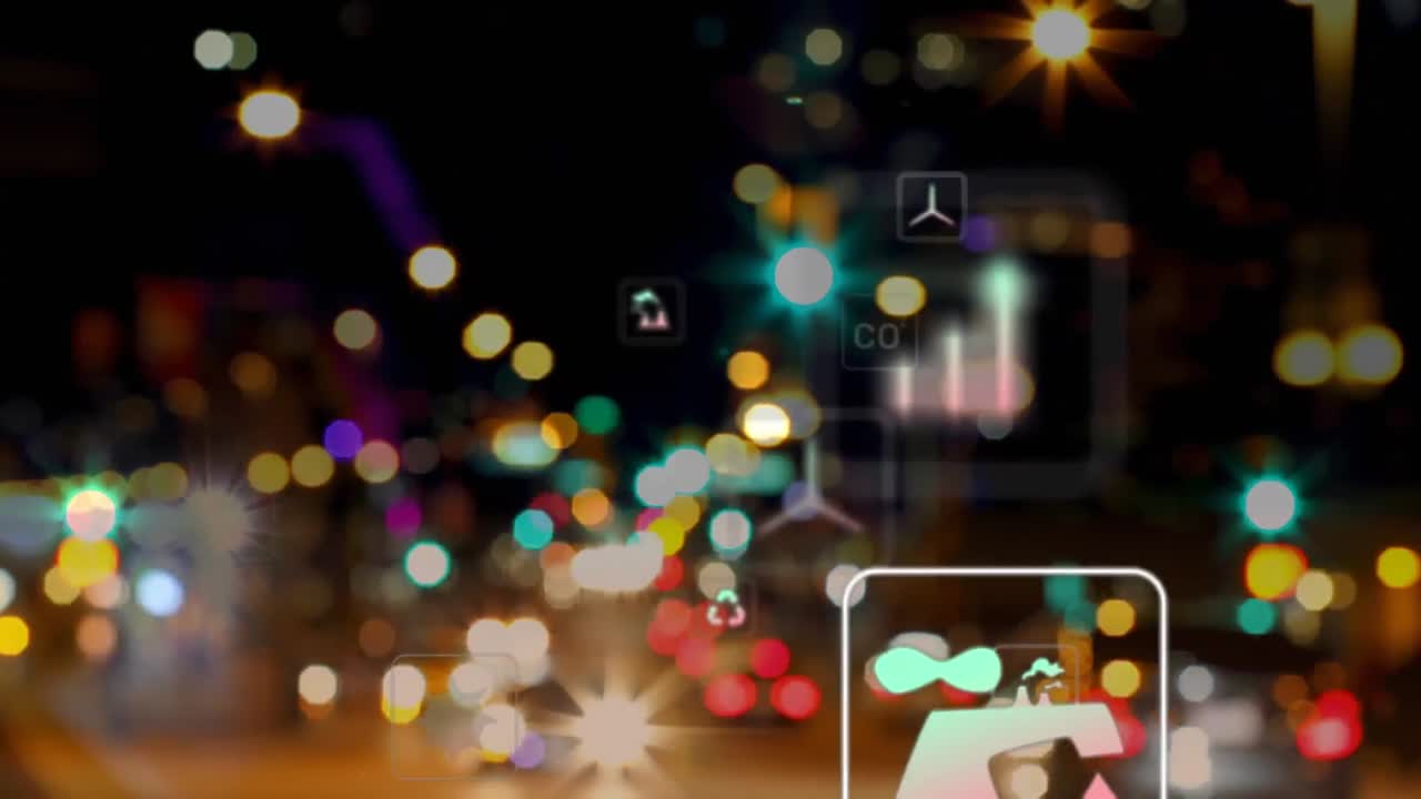 도시의 거리에서 움직이는 흐릿한 차량 위의 사각지대에 있는 아이콘의 애니메이션