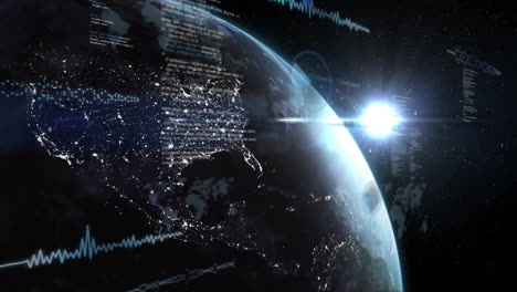 animation of earth from space with digital data and graphs overlaying surface