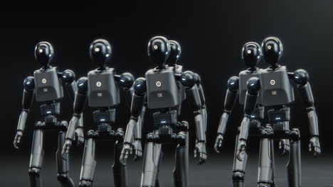 futuristic visualization of group of advanced humanoid robots marching across dark digital futuristic visualization of group of advanced humanoid robots marching together across dark digital cyberspace artificial intelligence robotics and automation concept visual effects animation