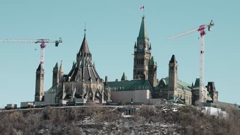 spring time view of the parliament of canada under construction from across the ottawa river in gatineau, quebec