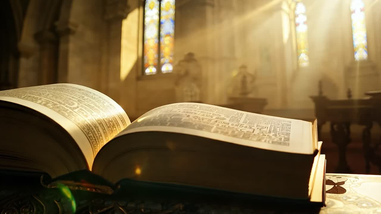 Sunlight streaming through a stained glass window highlights an open book resting on a lectern in a church setting
