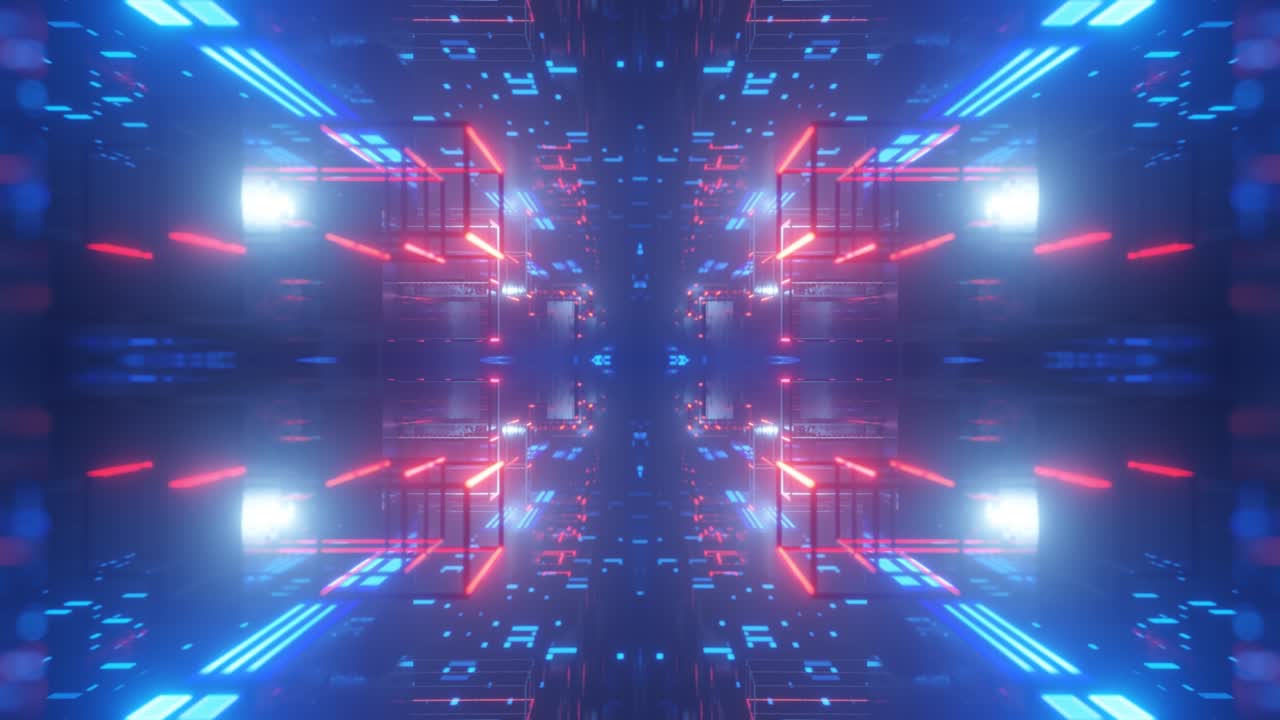 Glow sci fi symmetrical construction. Vj loop trendy neon tunnel. hi tech neon tunel. Sci-fi flight through cyberspace with symmetry. Video game or vj night club background with neon light.