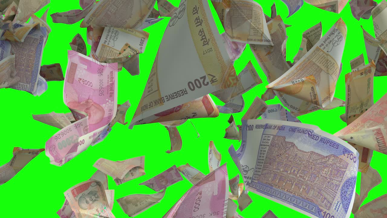 Putoava Intian rupia -valuutta vihreällä chroma key -taustalla 4K-silmukka