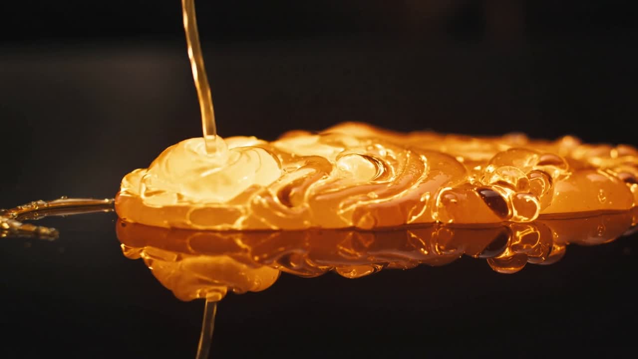 Una bocchetta fuori campo versa sciroppo ambrato che si sparge su uno specchio, creando un riflesso lucido.