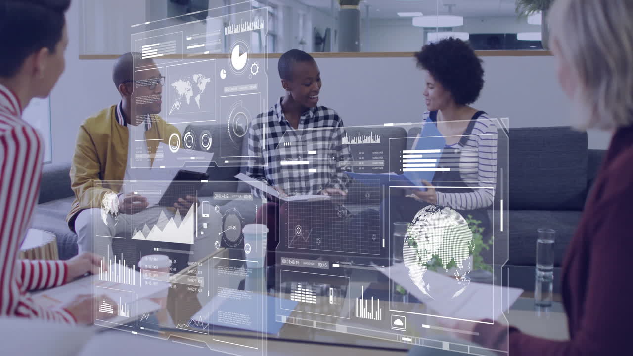 Business data analytics animation over diverse team discussing in modern office