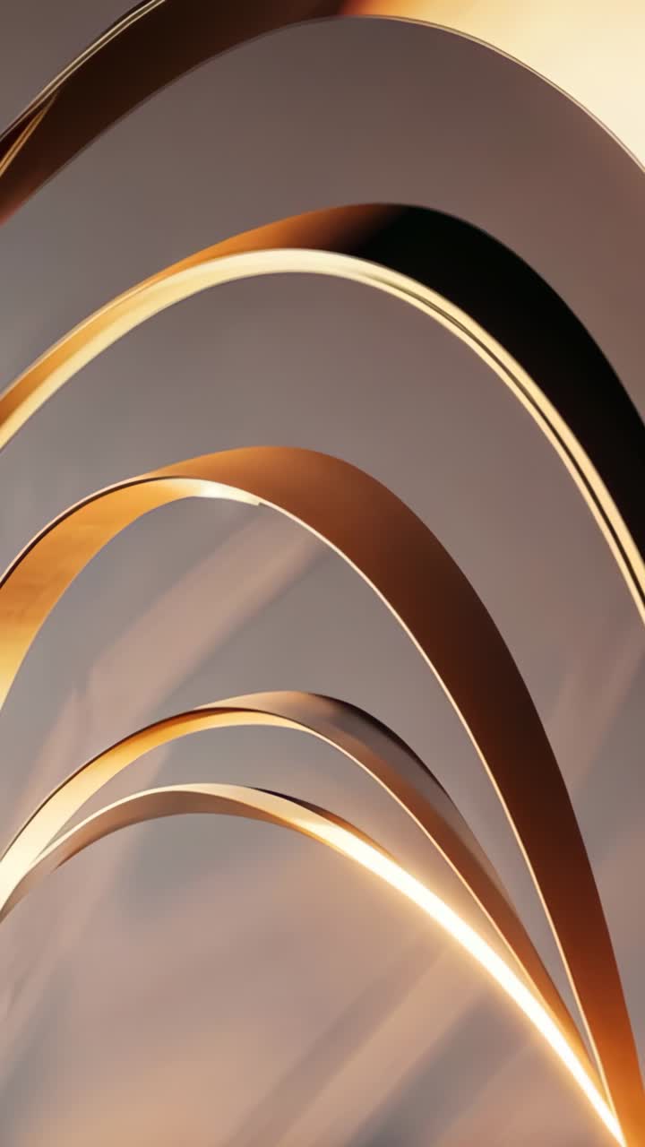 Vertical video: Tilting curved golden metallic arches rotating in 3D studio, reflecting light bands