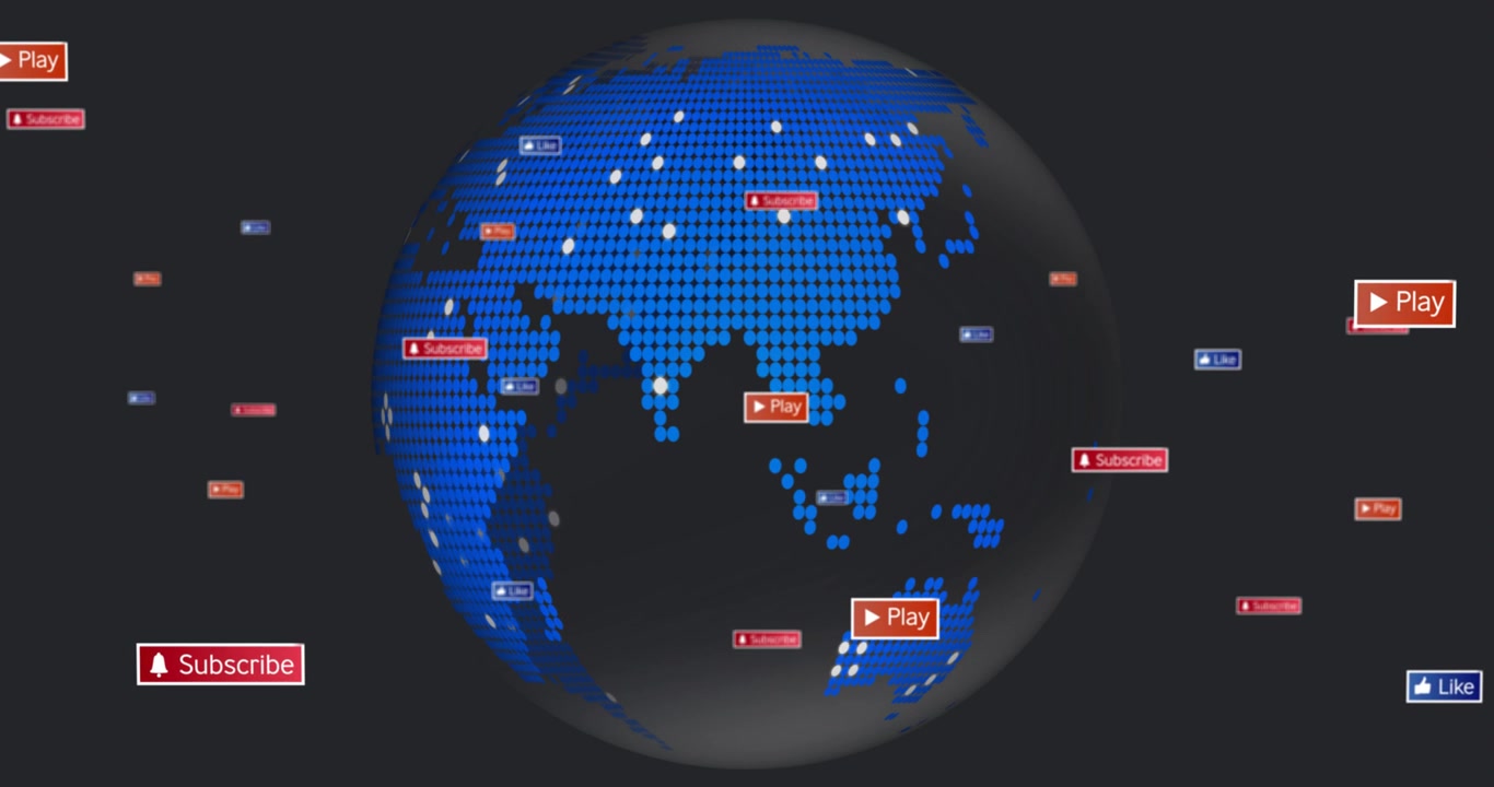 Globo azul girando después de que un icono rojo de "Reproducir" aparece cerca de África, generando iconos de "Suscribirse" y "Me gusta".