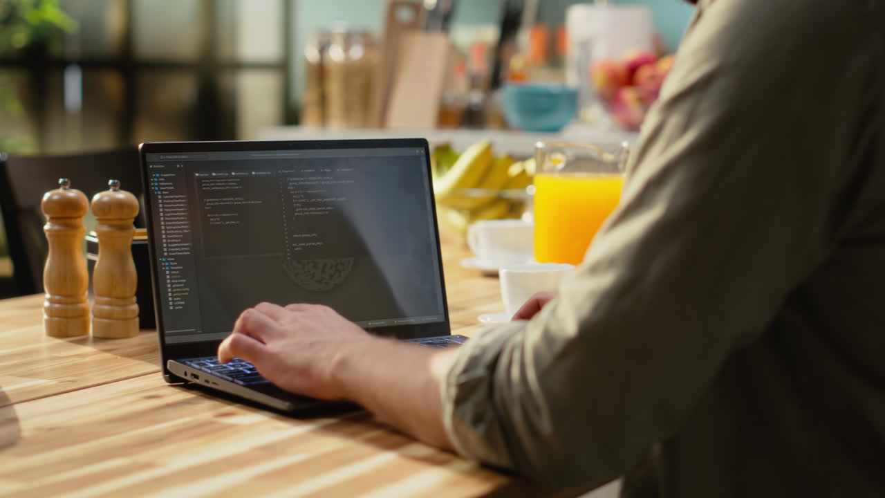 Male remote coder developing binary code to build software systems on laptop