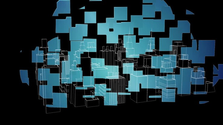 Cloud computing animation over digital cityscape with blue squares