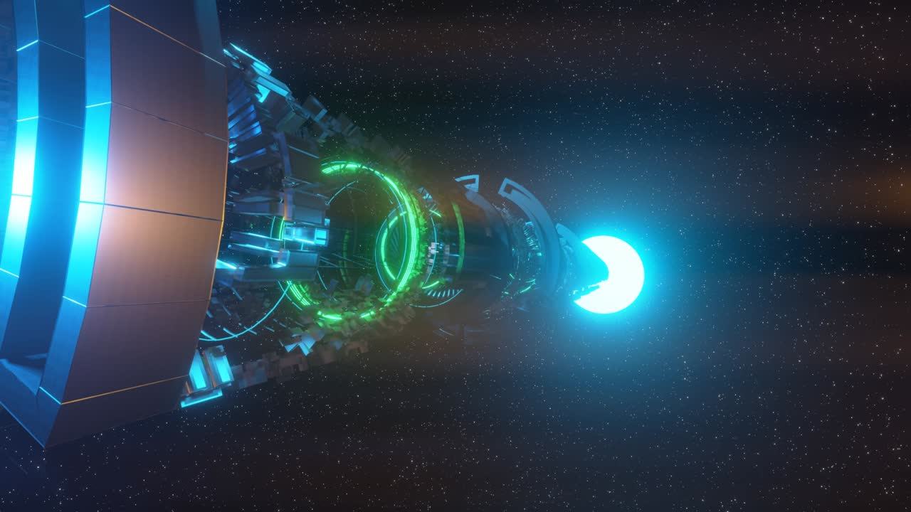 Futuristic technology space tunnel, sci-fi corridor. Cinematic camera move.