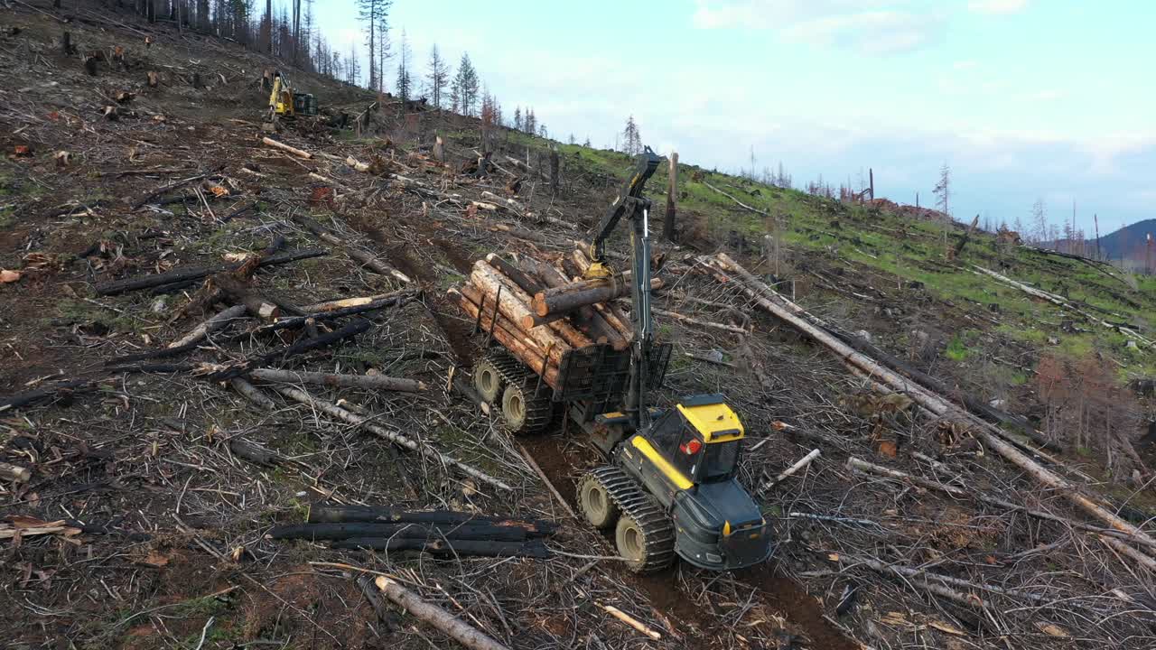 Overhead View: Logging Machinery at Work on Mountain Trail
