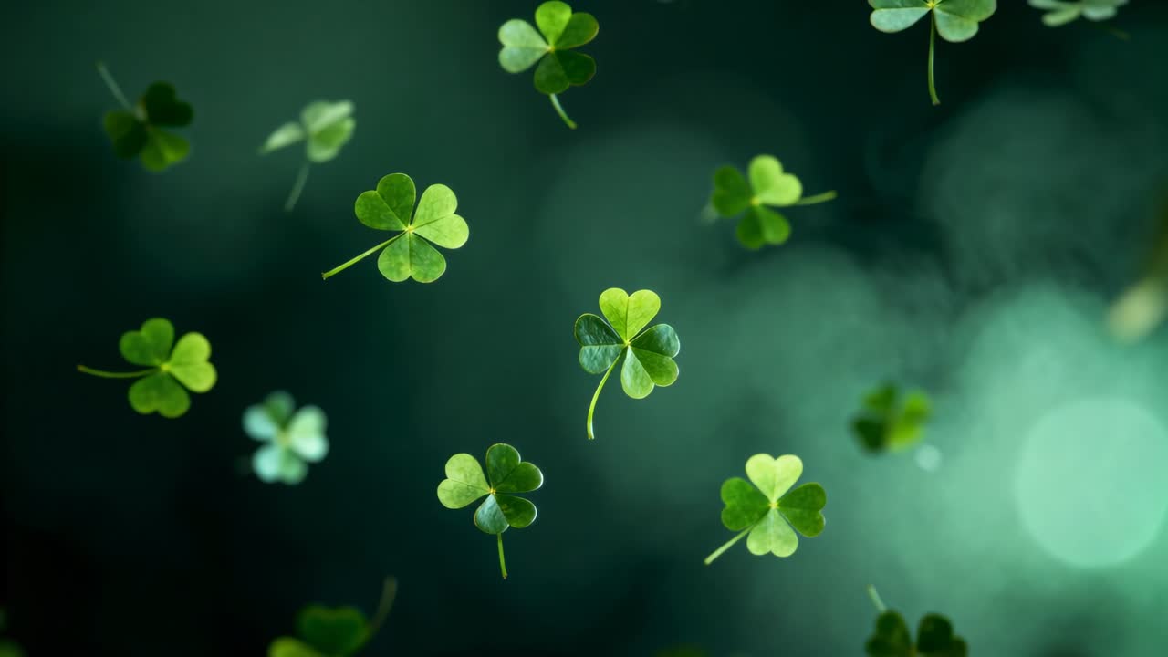 Drifting three-leaf clover cluster riding breeze, rotating toward camera in macro with bokeh haze