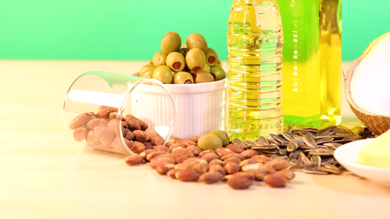 A vibrant arrangement of avocados, oils, nuts, and bacon on a wooden surface with bright lighting