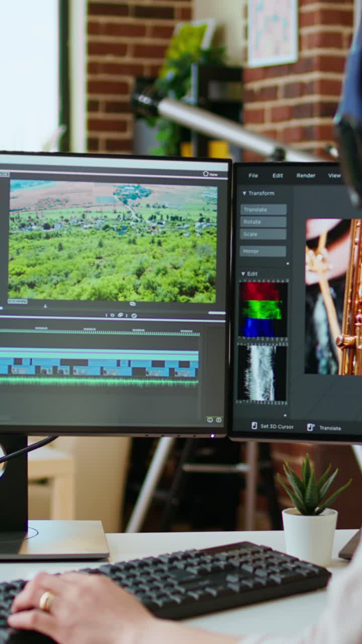 Vertikal video av en asiatisk filmskaperkvinne som setter på seg hodetelefoner og jobber med videoproduksjon