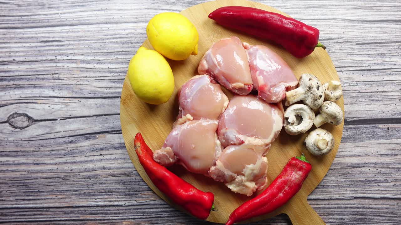 Pollo con limoni, peperoni rossi e funghi