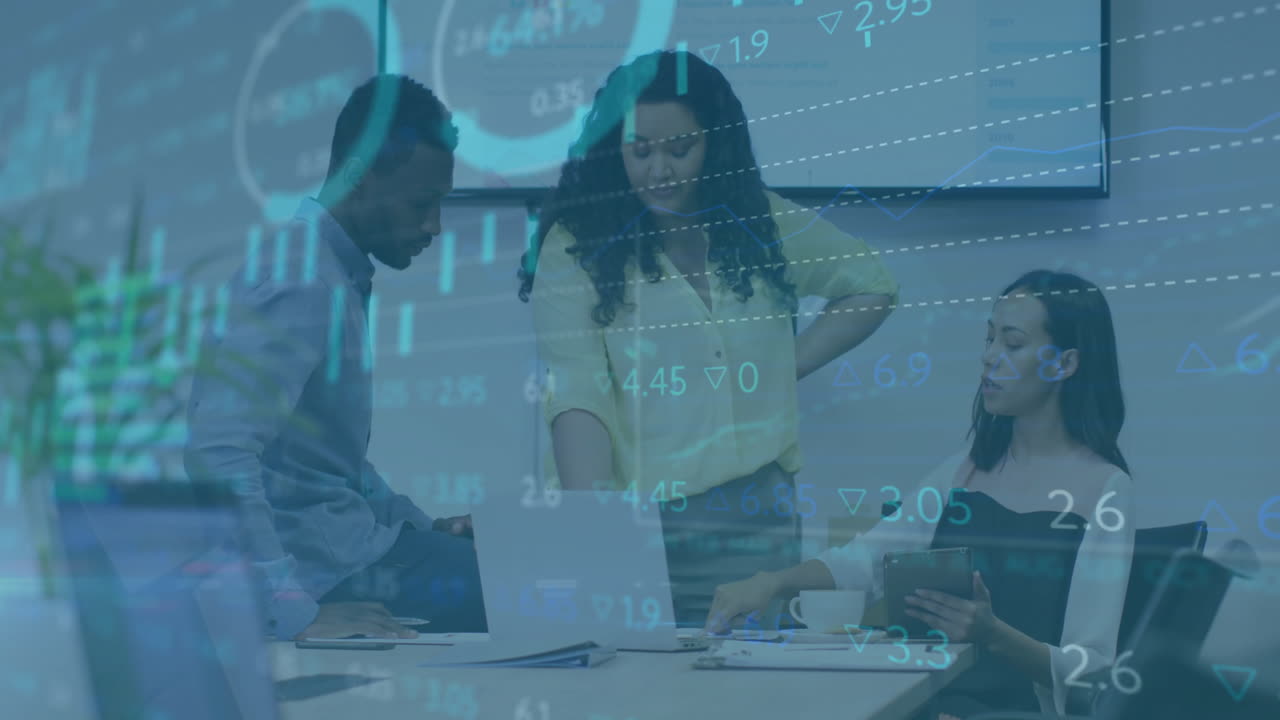 Business team collaborating over financial data and stock market animation