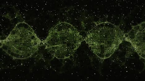 digital animation of white particles falling over green digital waves against black background