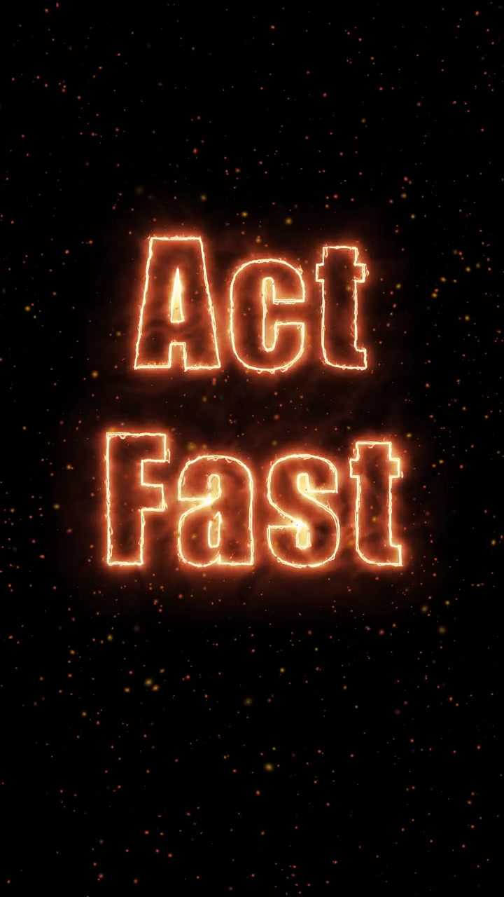 Testo neon arancione luminoso pulsa su uno sfondo scuro riempito di braci ardenti fluttuanti.