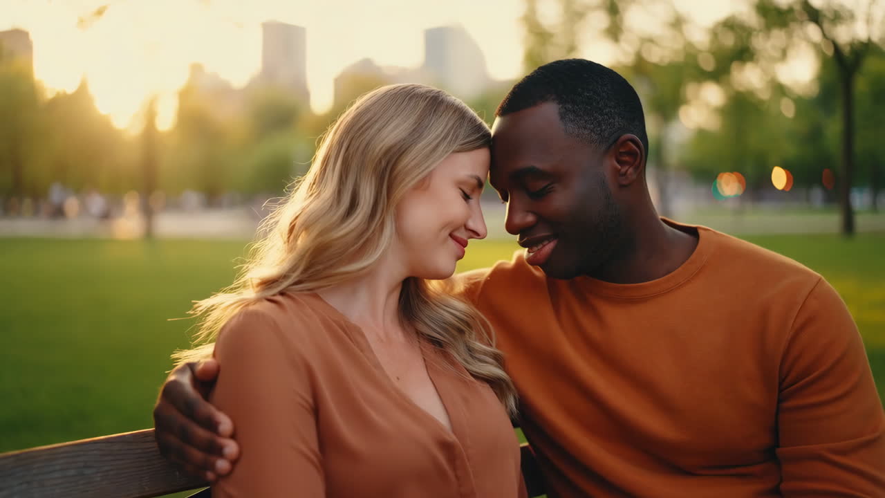 Romantic Couple Embracing in Park at Sunset