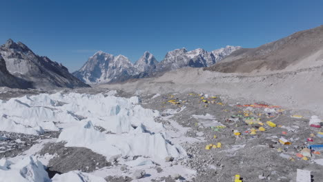 aerial view of everest base camp with snow peaks, climbers’ tents, summit start point, khumbu glaciers, mountain ranges shining at high-altitude himalayan landscape nepal tourism aspect exploration