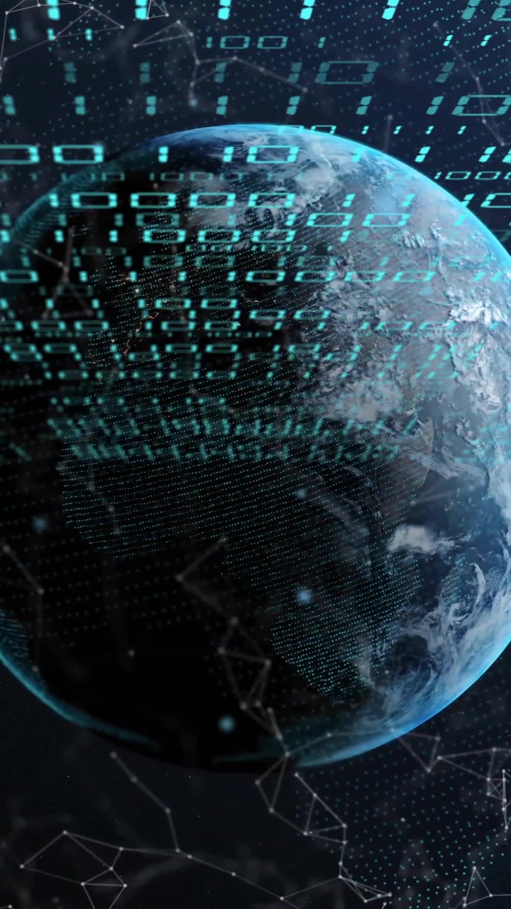 Animation of globe with binary coding and data processing over dark background