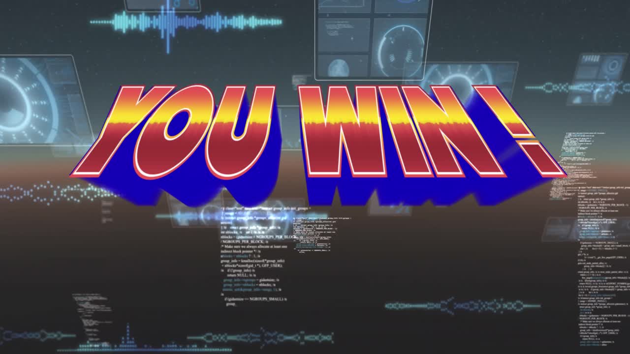 Animation of you win in digital abstract space with screens and diverse data