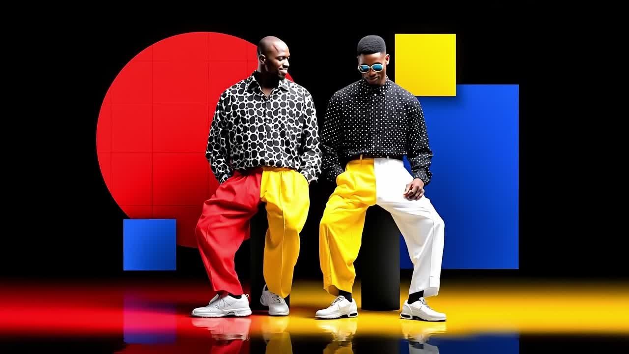 Two men standing next to each other in front of a colorful background