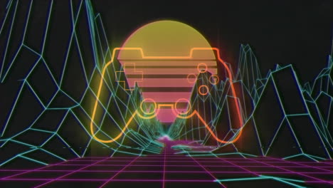 animación de un pad y una cuadrícula de videojuegos de neón sobre un fondo oscuro