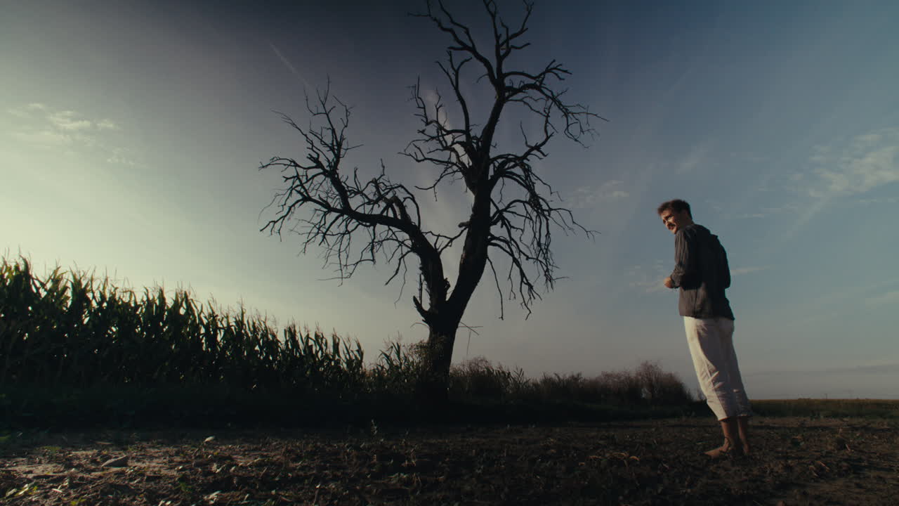 A solitary man stands by a barren tree in a field
