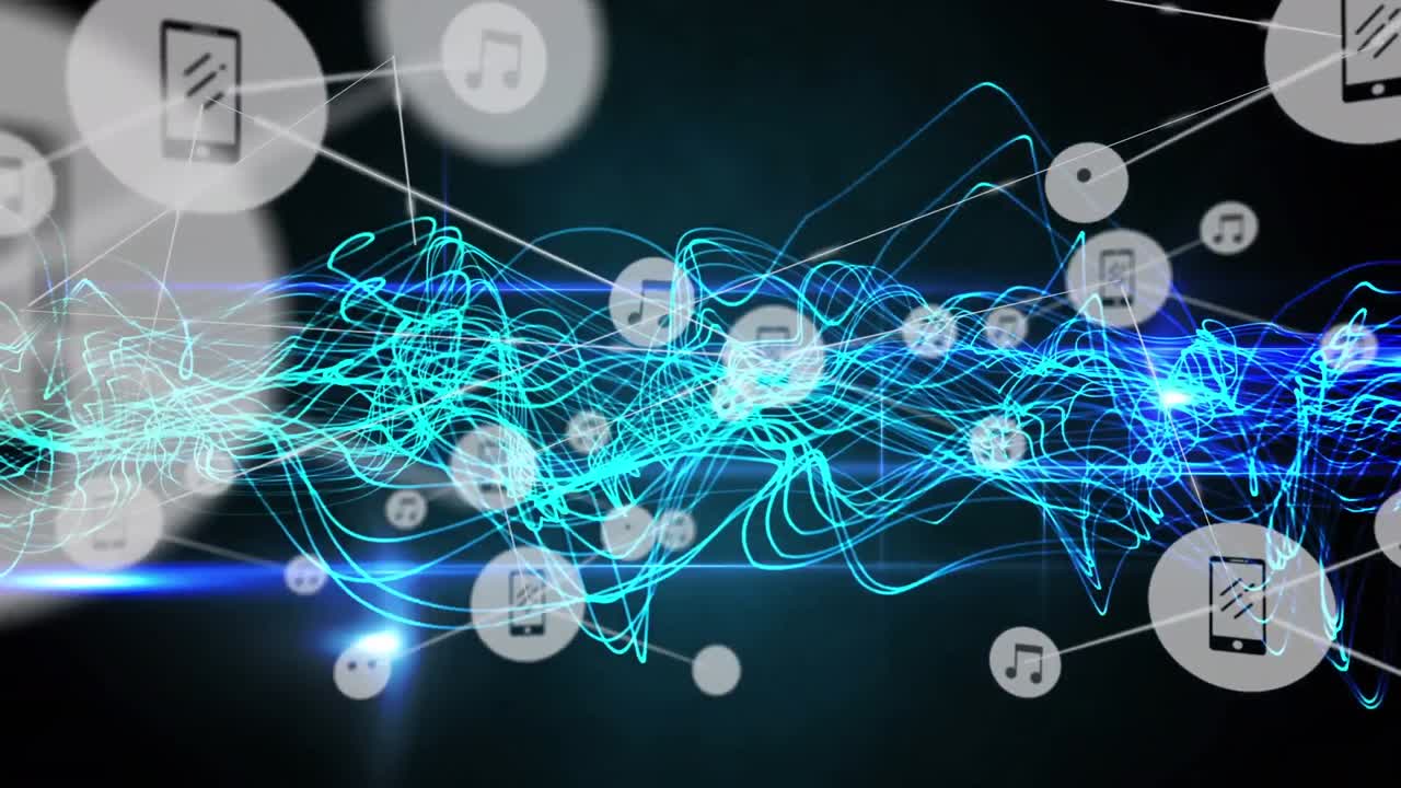 animación de patrones abstractos sobre iconos conectados con líneas y destellos de lente en el fondo.