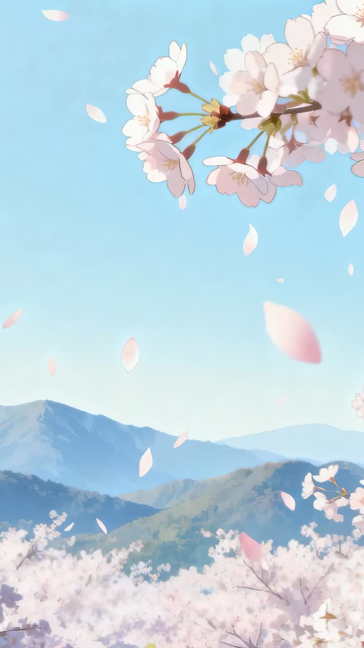 縦型動画：尾根や木々の上でそよ風に花びらを散らし揺れる桜の枝、コピースペースあり。