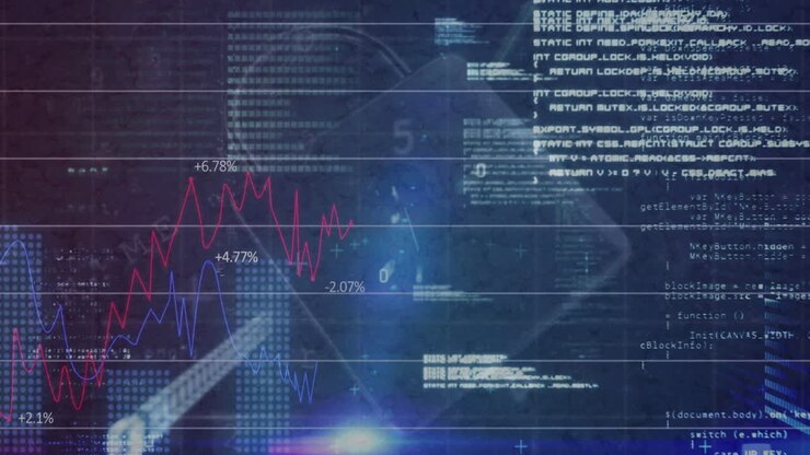 Financial data and coding animation over fluctuating stock market graphs