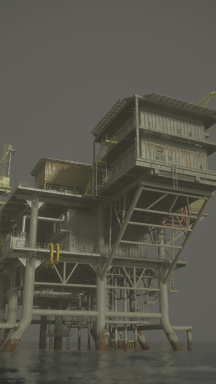 Exploring an offshore oil rig under overcast skies in the ocean
