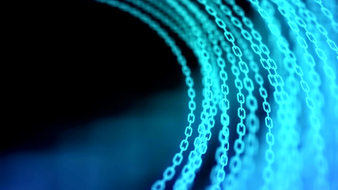 abstracto patrón de cadena móvil gradiente azul forma de círculo de color, minería de bitcoin concepto de diseño de criptomoneda brillando en el fondo negro, animación de bucle sin costuras 4k con espacio de copia