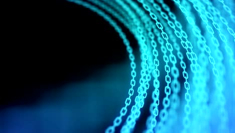 abstracto patrón de cadena móvil gradiente azul forma de círculo de color, minería de bitcoin concepto de diseño de criptomoneda brillando en el fondo negro, animación de bucle sin costuras 4k con espacio de copia