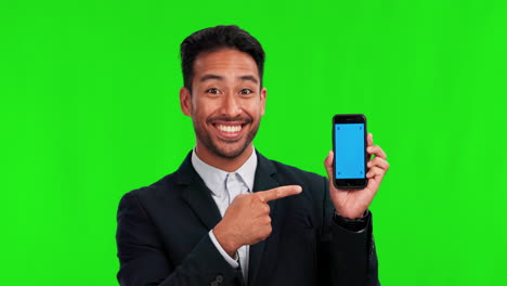 Phone,-business-man-pointing-and-green-screen