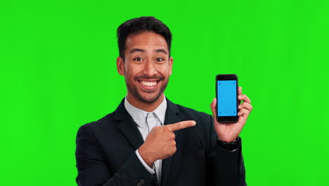 phone, business man pointing and green screen